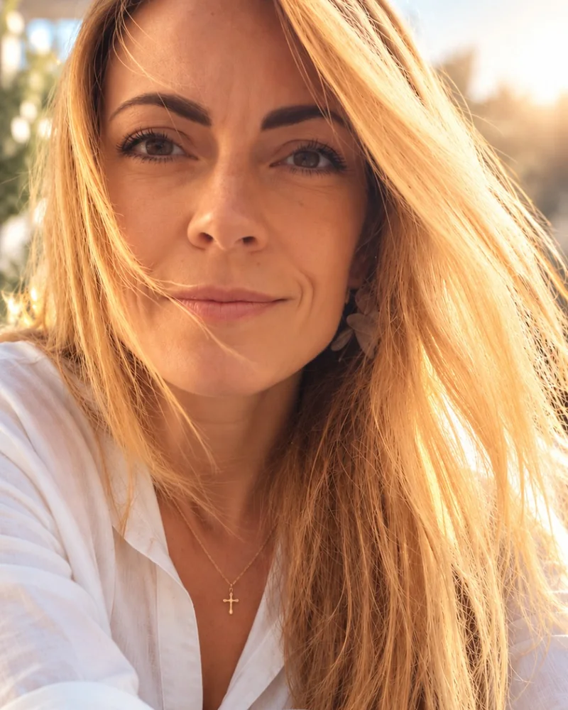 Zuzana Košařová v bílé košili, rozpuštěné vlasy v teplém slunci